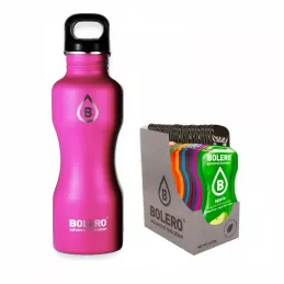 E)  Branded Pink Drink Set. Stainless-Steel Bottle and Box of 24 Flavours - BOLERO®