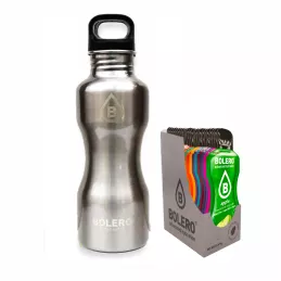 D) Branded Silver Drink Set. Stainless-Steel Bottle and Box of 24 Flavours - BOLERO®