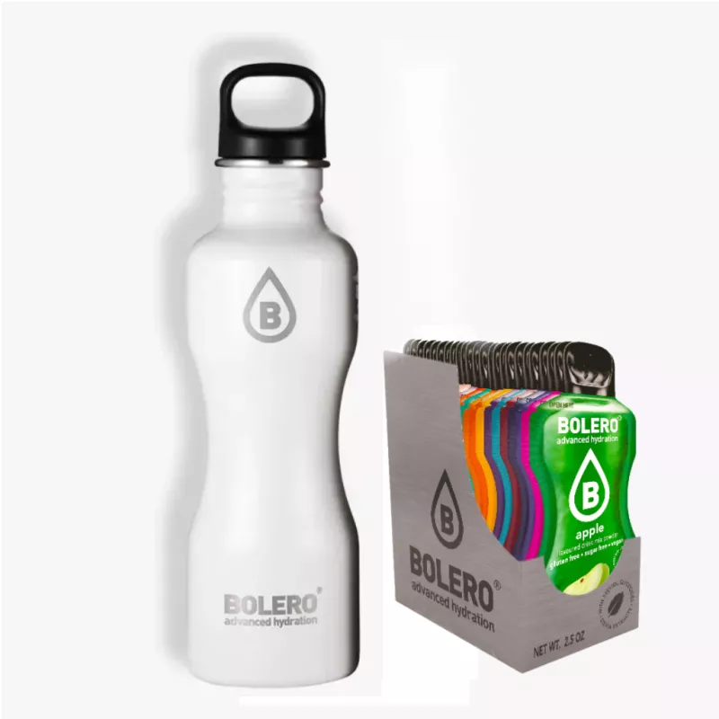 G) Branded White Drink Set. Stainless-Steel Bottle and Box of 24 Flavours  - BOLERO®