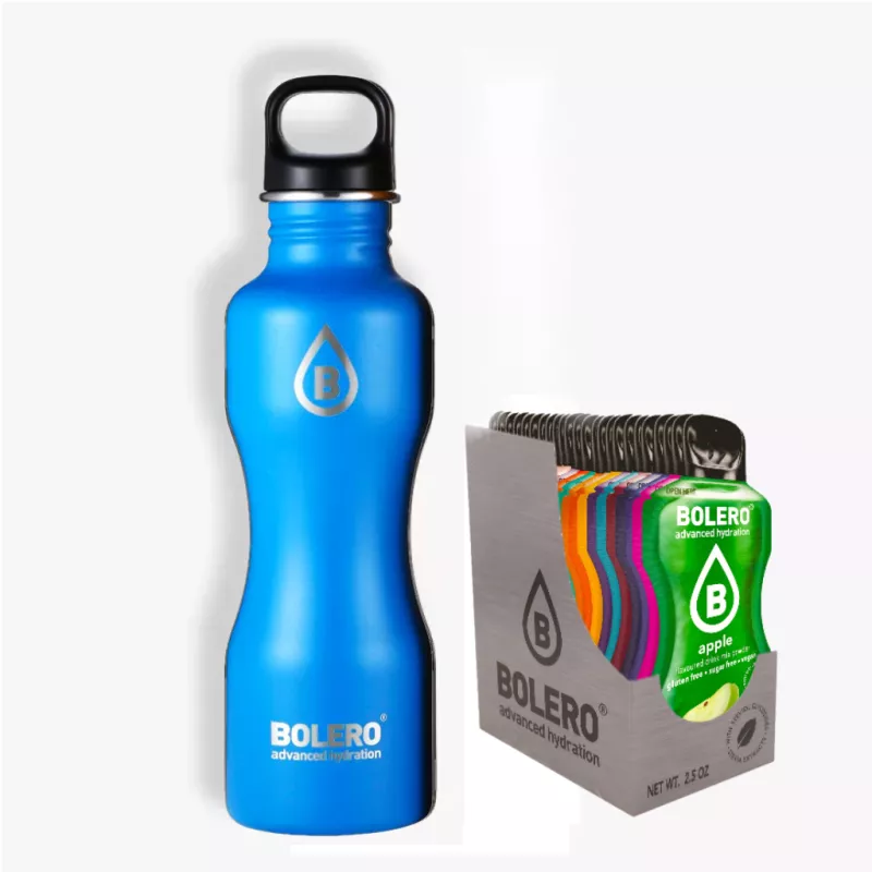 H) Branded Blue Drink Set. Stainless-Steel Bottle and Box of 24 Flavours  - BOLERO®